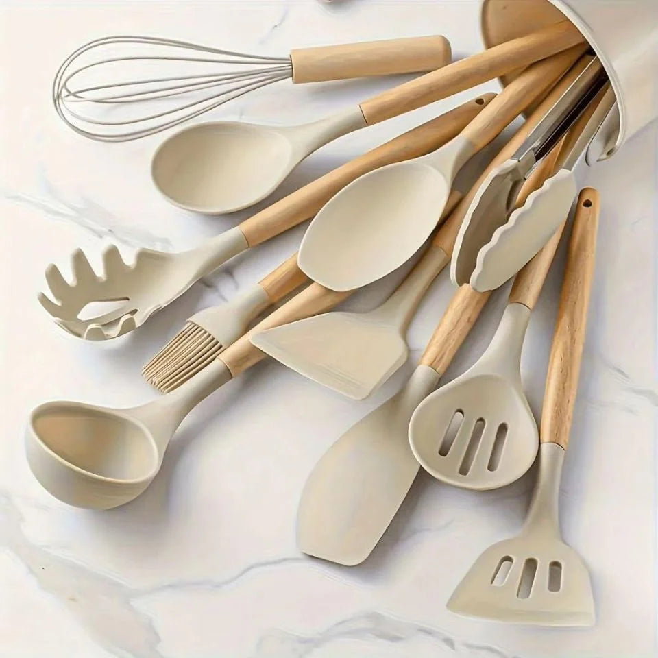 Silicone Kitchen Utensils Set with Holder Cooking Utensils Set Wooden Handles for Nonstick Pans Best Seller 2026