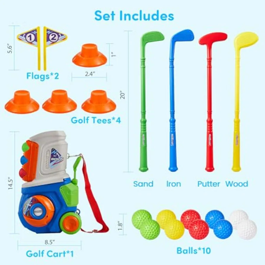 Toddler Golf Set, Plastic Golf Clubs Ages 1 2 3 4 5 Years Old with 4 Golf Clubs and 10 Balls, Indoor and Outdoor Golf Toys Cart