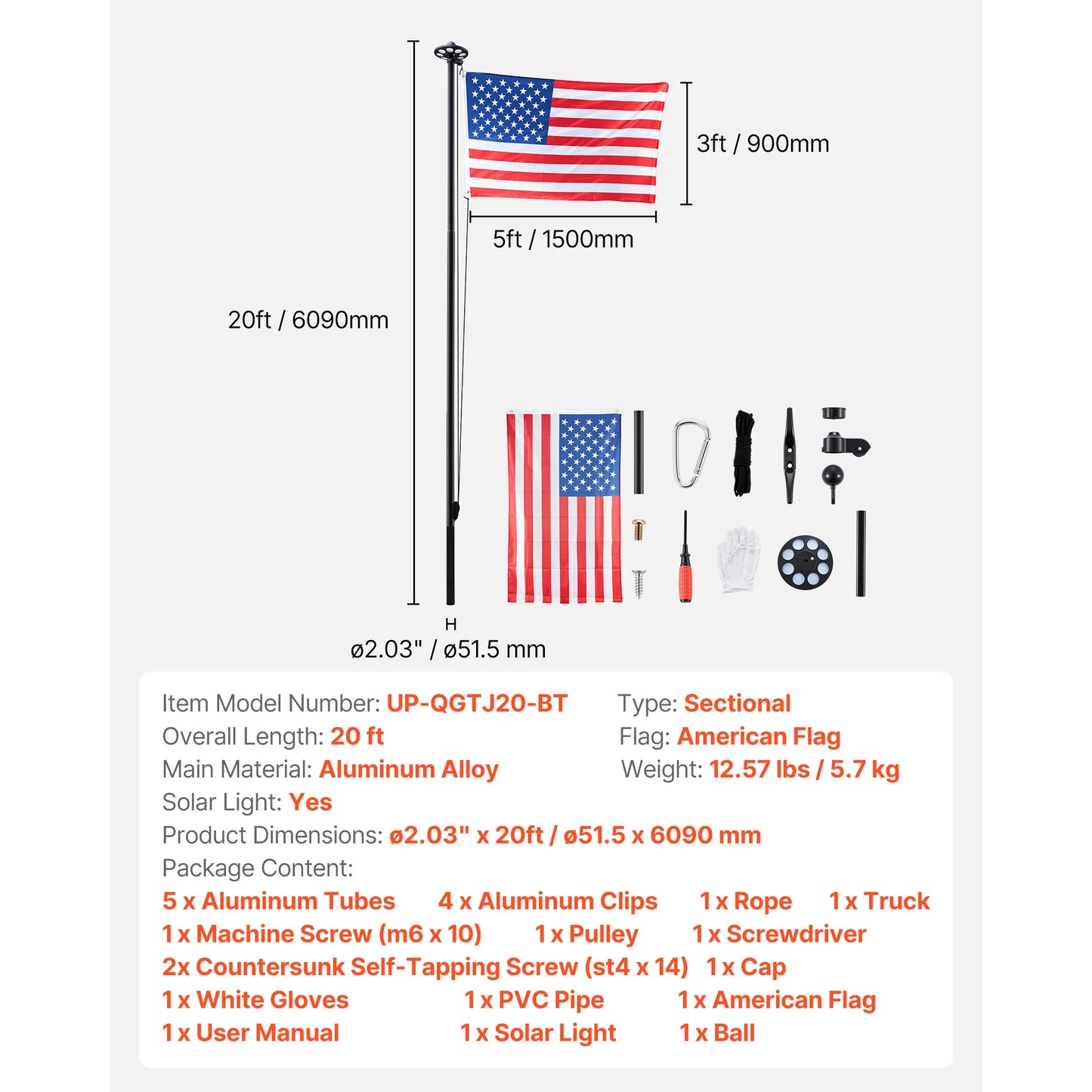 SucceBuy 20ft/25ft Flag Pole with 136 LED Solar Light for Outside House In Ground with 3x5 American Flag for Residential Black