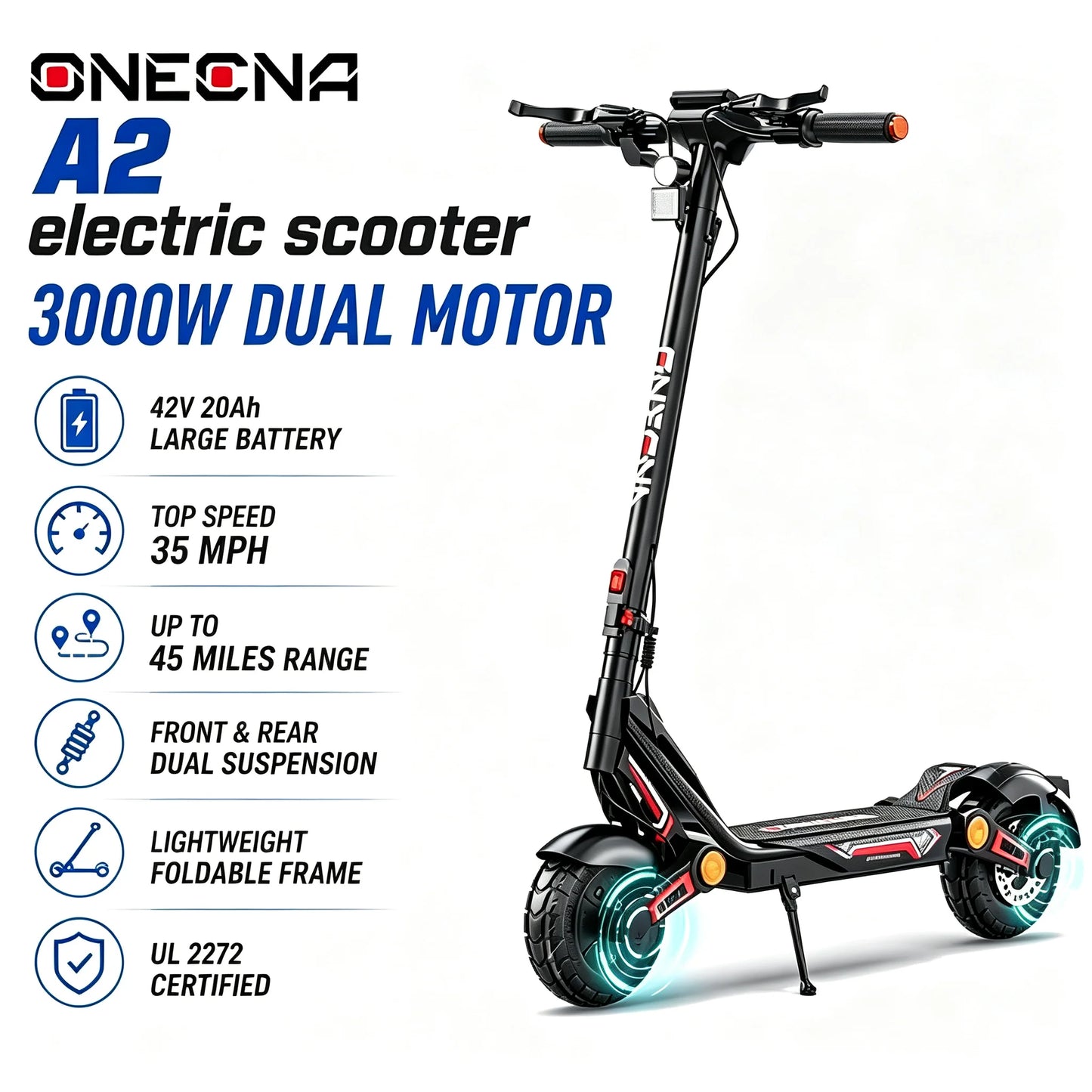 ONECNA NEW A2 3000W Foldable Adult Dual Motor Electric Scooter - Top Speed 35 Miles, Range 45 Miles, Foldable Off Road/Commuter Electric Scooter with 10 Inch Road Tires, Dual Shock Absorber