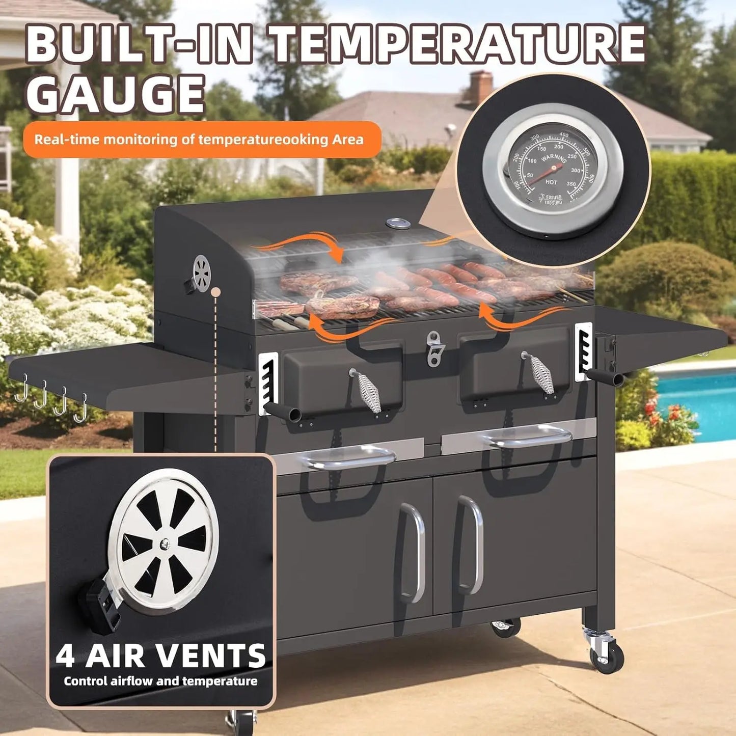 36 In Large Charcoal Grills - 620 Sq.In Oversized BBQ Area with Storage Cabinet & Individual Lifting Charcoal, Customized