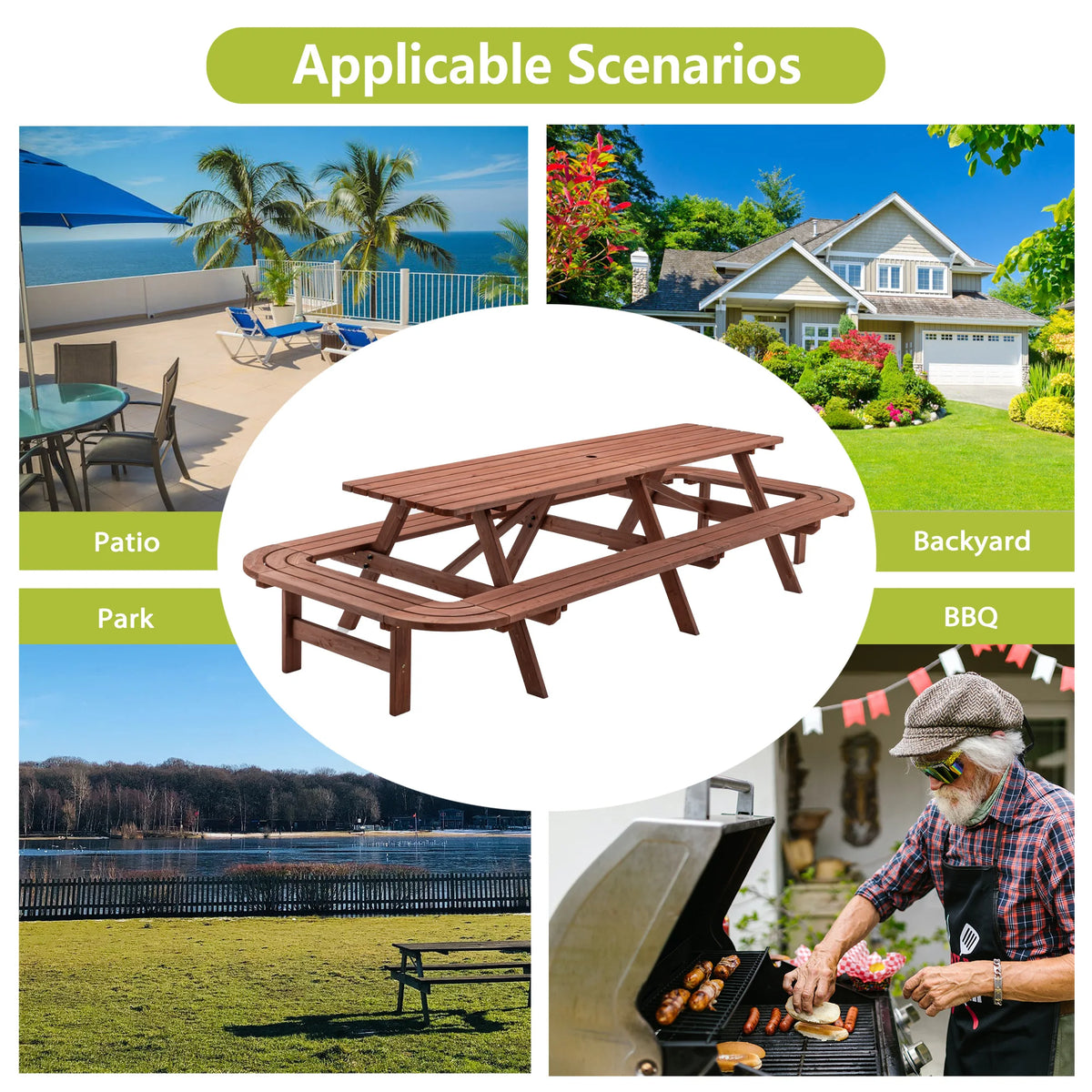 8 FT Wooden Picnic Table with Benches 14-16 Person Outdoor Patio Dining Set Large Rectangular Garden Table with Umbrella Hole Brown