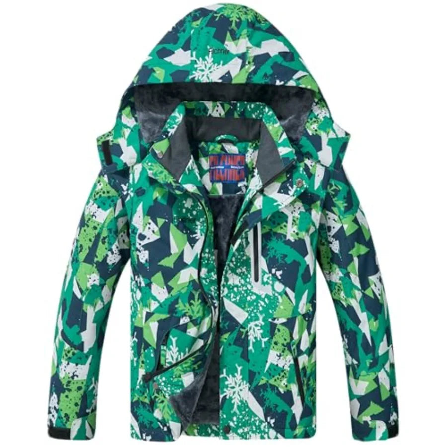 Boy's Ski Jacket Waterproof Winter Coat Kid's Fleece Snowboarding Jacket with Detachable Hood and Reflective Strips