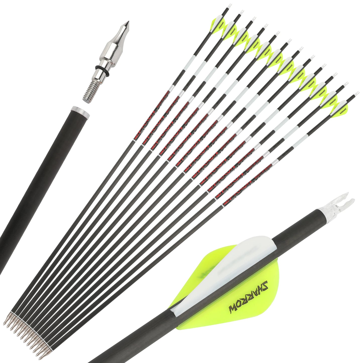 12pcs Pure Carbon Arrow Spine300/400/500 Straightness +/-0.003" ID 6.2mm Shaft for Compound Recurve Bow Hunting Target Shooting