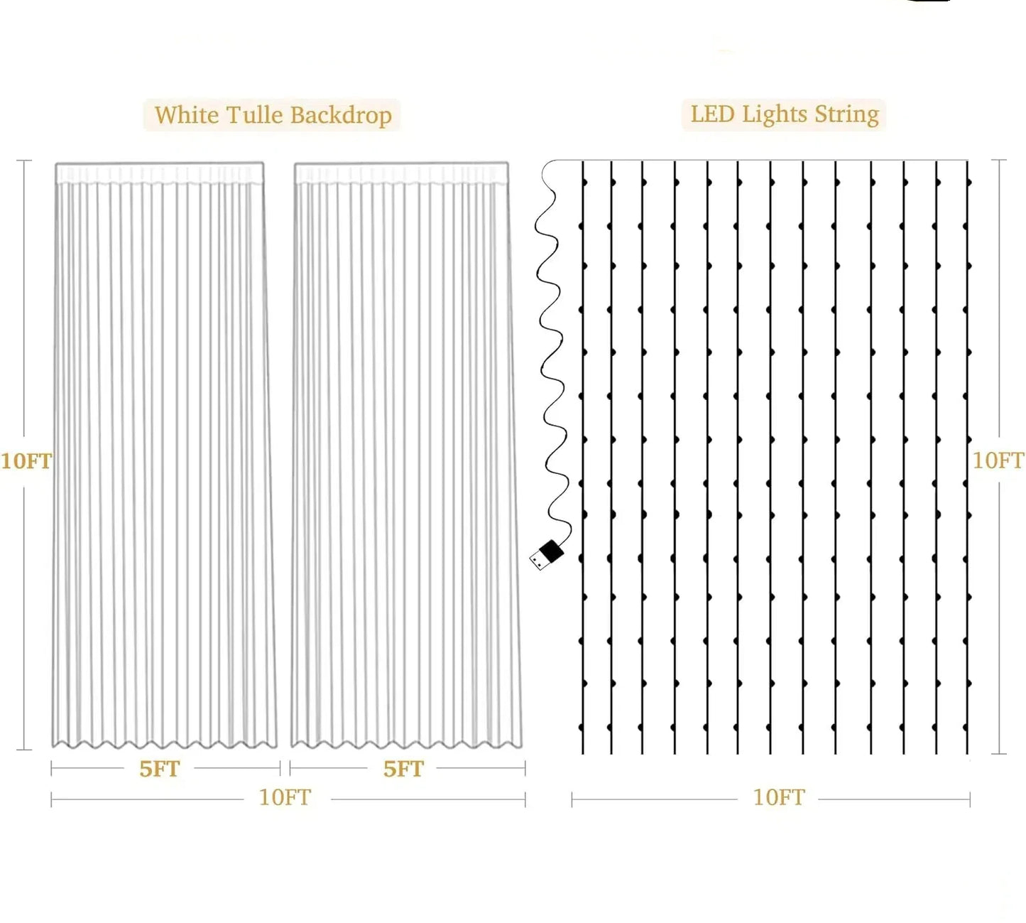 10 Panels-5ft x 10ft Ivory Chiffon Backdrop Curtain with Lights String for Parites Wedding Wrinkle Free Curtain Photo Backdrops