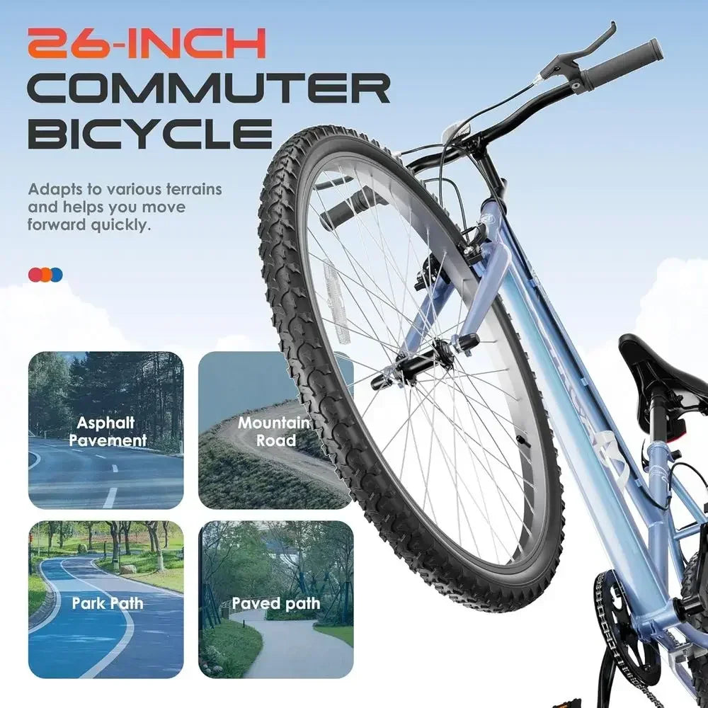 26 7-Speed Men's Commuter Bike - Cruiser, Mountain, Hybrid - V-Brakes, Metal Frame - Adult, Colors: Black, White, Blue, Green, P