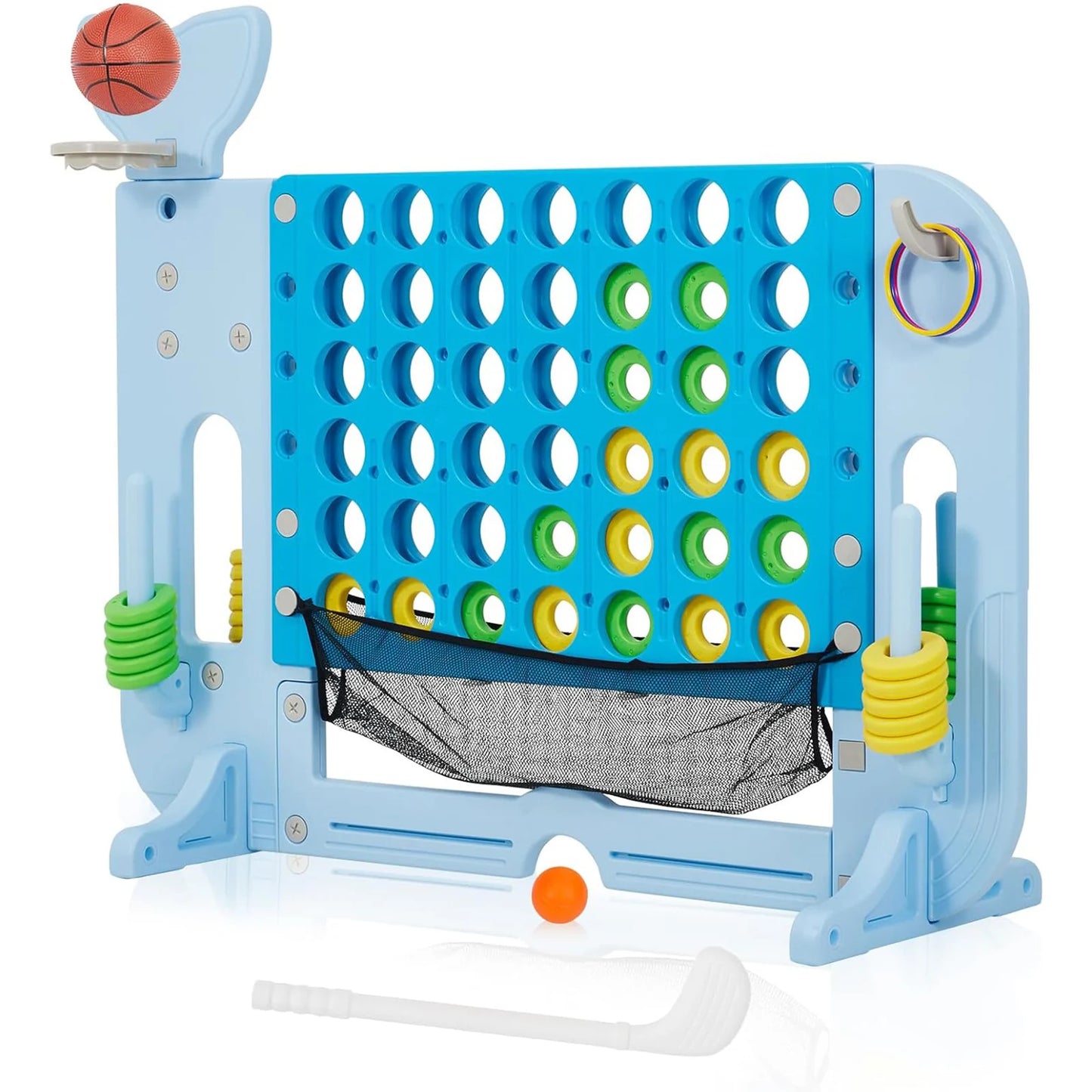 Giant 4 In A Row Game Set 4-in-1 Jumbo Yard Game With Basketball Hoop Ring Toss Adjustable Height Outdoor Family Party Toy