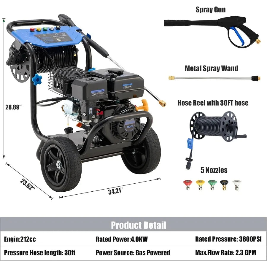 Gas Pressure Washer 3600 PSI 2.3 GPM Heavy Duty High Power Washer with 212CC Engine 30FT Hose Axial Aluminum Pump Soap Tank Spr