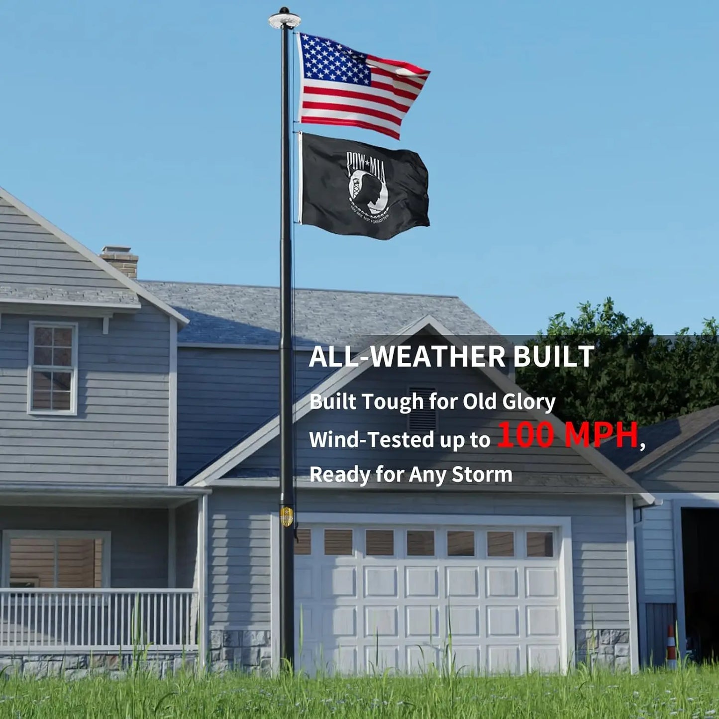 25FT Heavy Duty Flag Pole Kit with Wind-Resistant Tapered Design, Large Bottom Tube, Solar Light, USA Flag – Complete Set