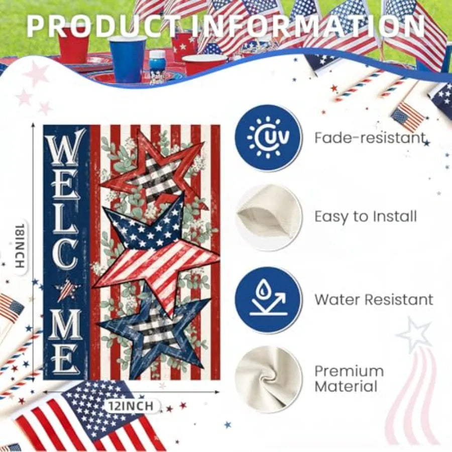Welcome 4th of July Garden Flags Double Sided, Patriotic American Stars and Stripes Small Summer Decoration for Holiday Yard Me