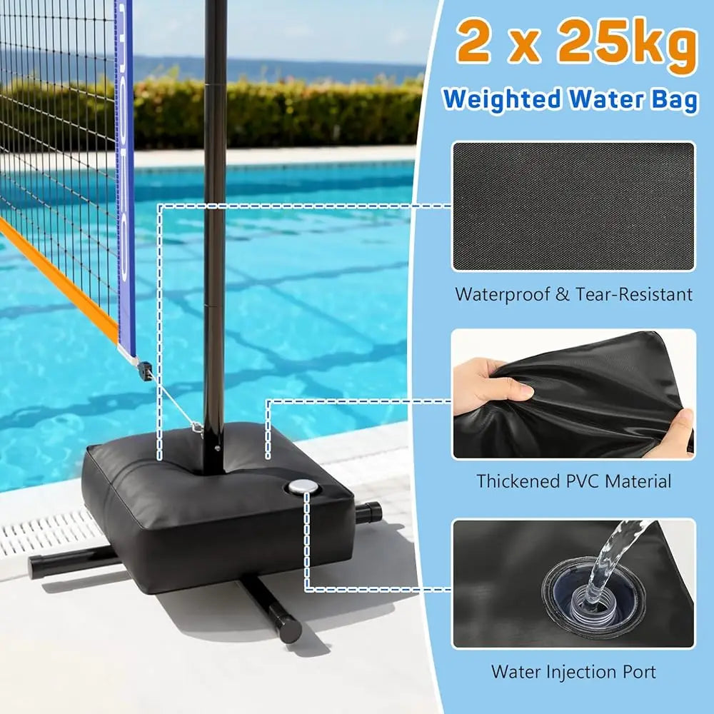 Pool Volleyball Net, Swimming Pool Volleyballs Set with Adjustable Length 15-25FT, Water Volleyball Stand with Two 25L Dual