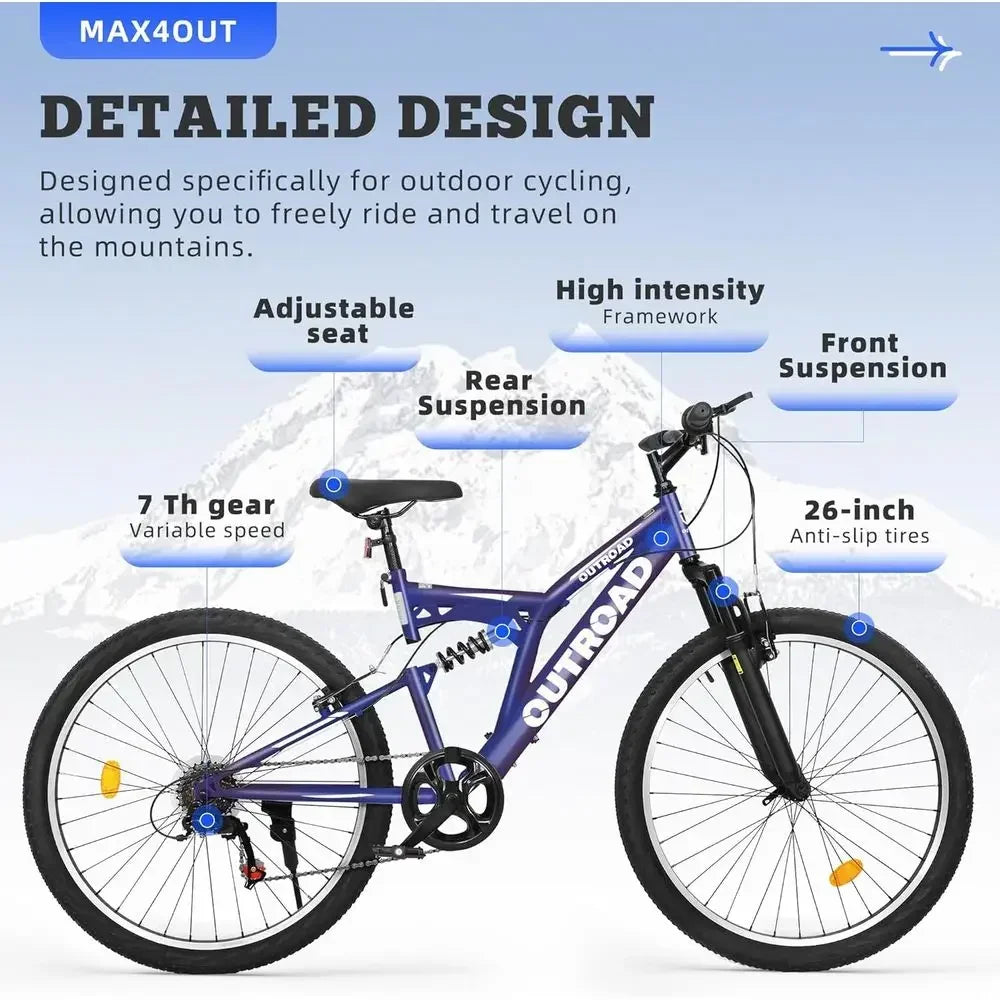26 Dual Suspension Mountain Bike - 7-Speed Steel Frame for Men & Women