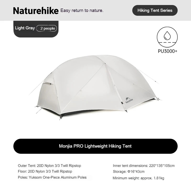 Naturehike Mongar Pro Camping Tent Travel 20D Nylon Tent 1/2/3Person Waterproof Backpacking 3 Season Ultralight Tent with Canopy