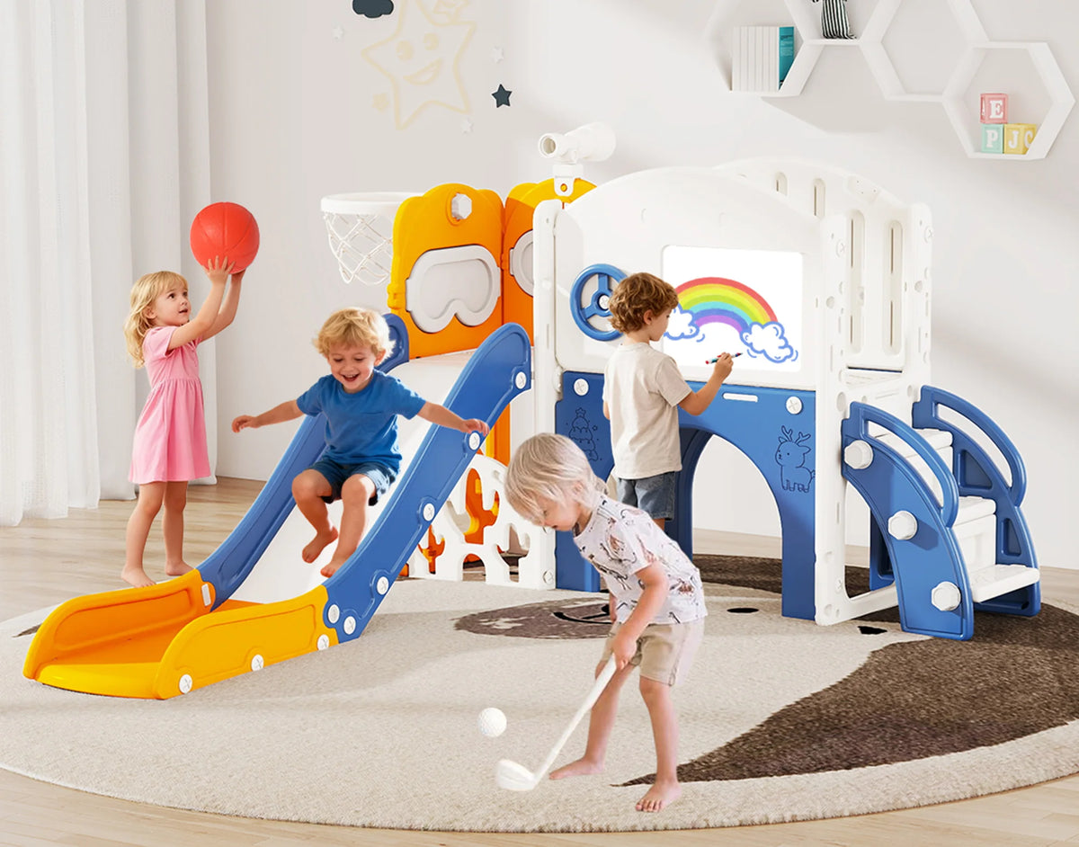 10 in 1 Toddler Slide Playset Indoor & Outdoor Playground for Kids Aged 1-3, Complete with Golf Set, Basketball Hoop, Climbing Frame, Drawing Board and Steering Wheel