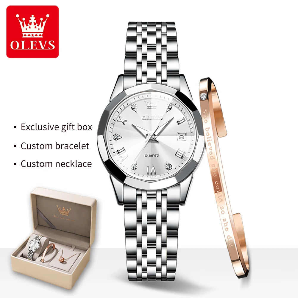 OLEVS 9931 Quartz Women Watch Original Stainless Steel Dual Calendar Luxury Top Brand Waterproof Ladies Watches Jewelry Set Hot