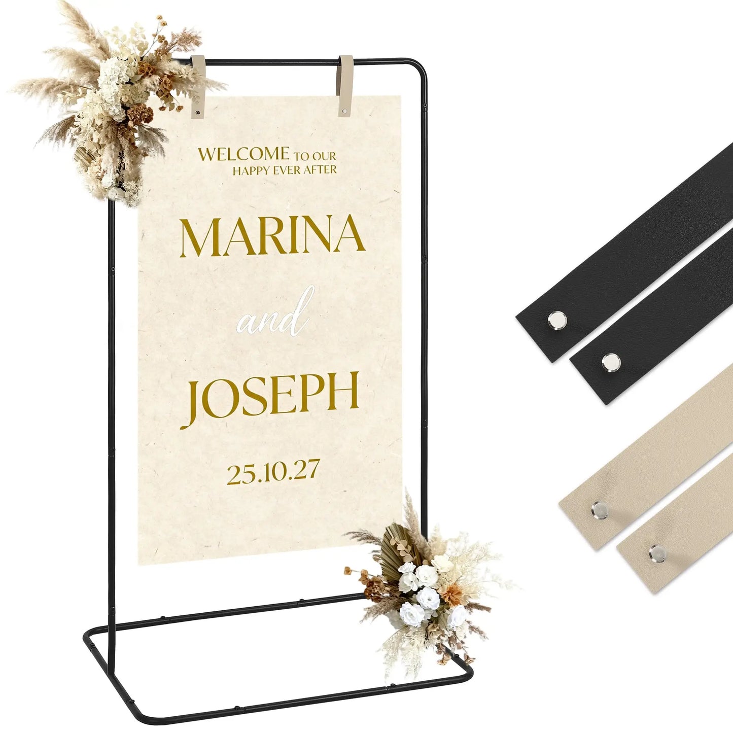 Adjustable Welcome Sign Stand 50 to 68 Inch Metal Easel Sign Holder for Wedding Birthday Baby Shower Parties with Leather Straps