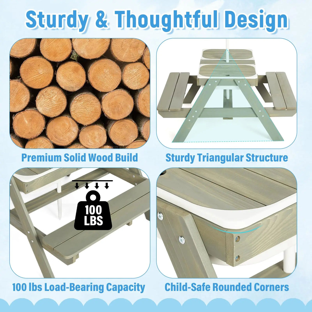Wooden 4-in-1 Picnic Table – Kids Sand & Water Sensory Table with Weatherproof Umbrella, 2 Covered Storage Bins, for Toddlers, B