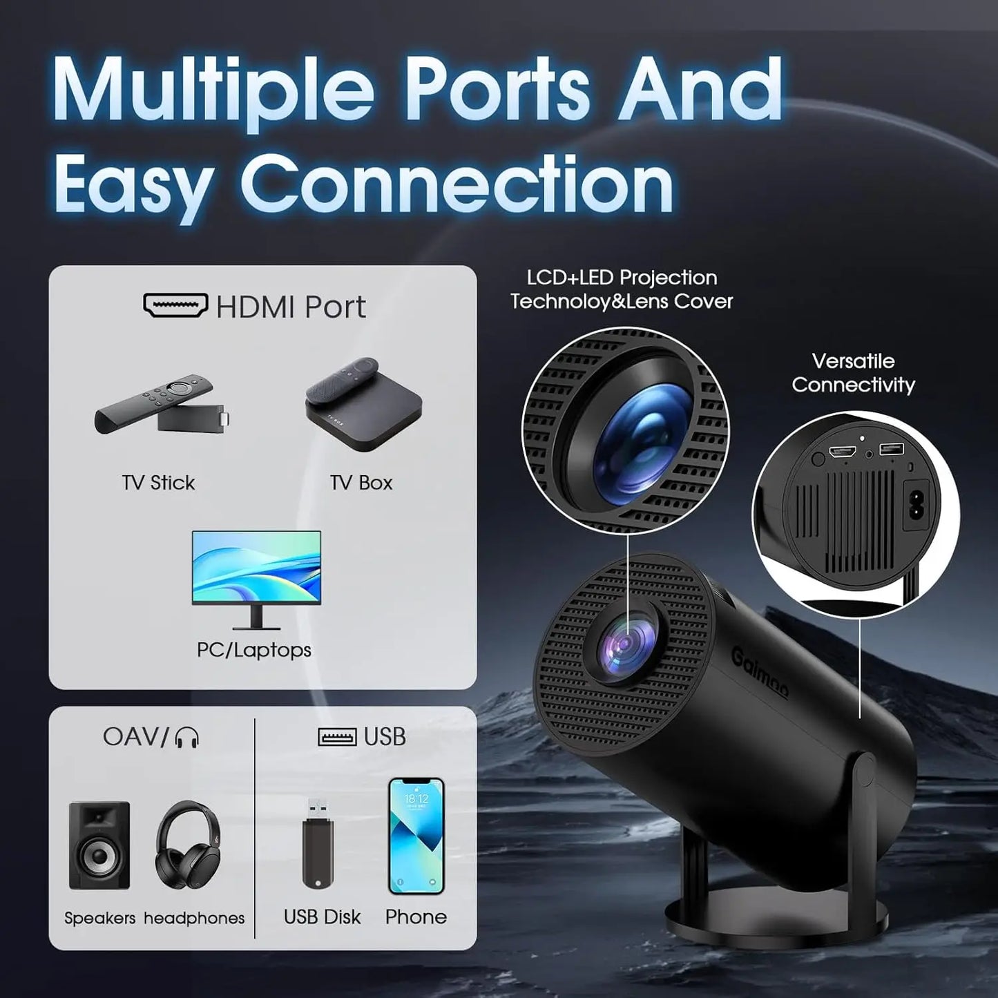 Smart WiFi Bluetooth Projector, 4K FHD Support, Auto Keystone, Compatible with HDMI/Laptop/TV Stick
