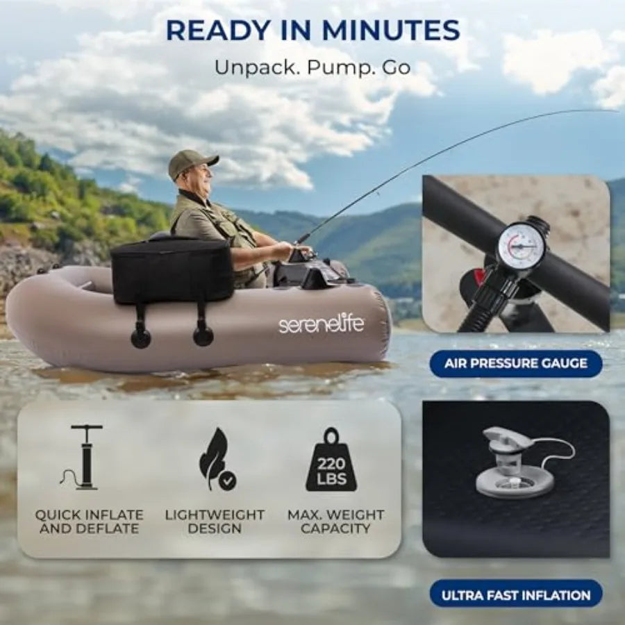 Inflatable Fishing Float Tube PVC Belly Boat for Angling with Rod Holders 2 Waterproof Pockets Fish Ruler 220 lbs Capacity