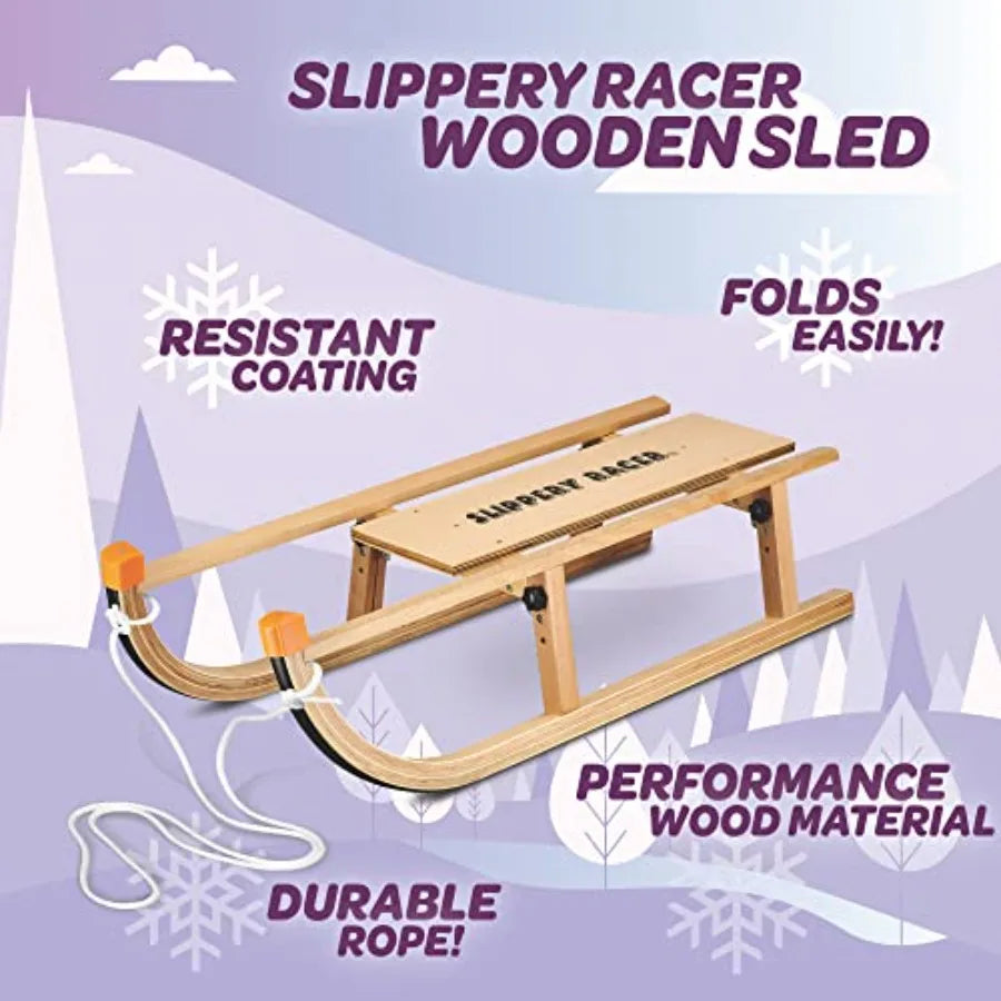 Wooden Foldable Snow Sled for Winter Outdoor Fun Natural Wood Finish with Smooth Gliding Performance