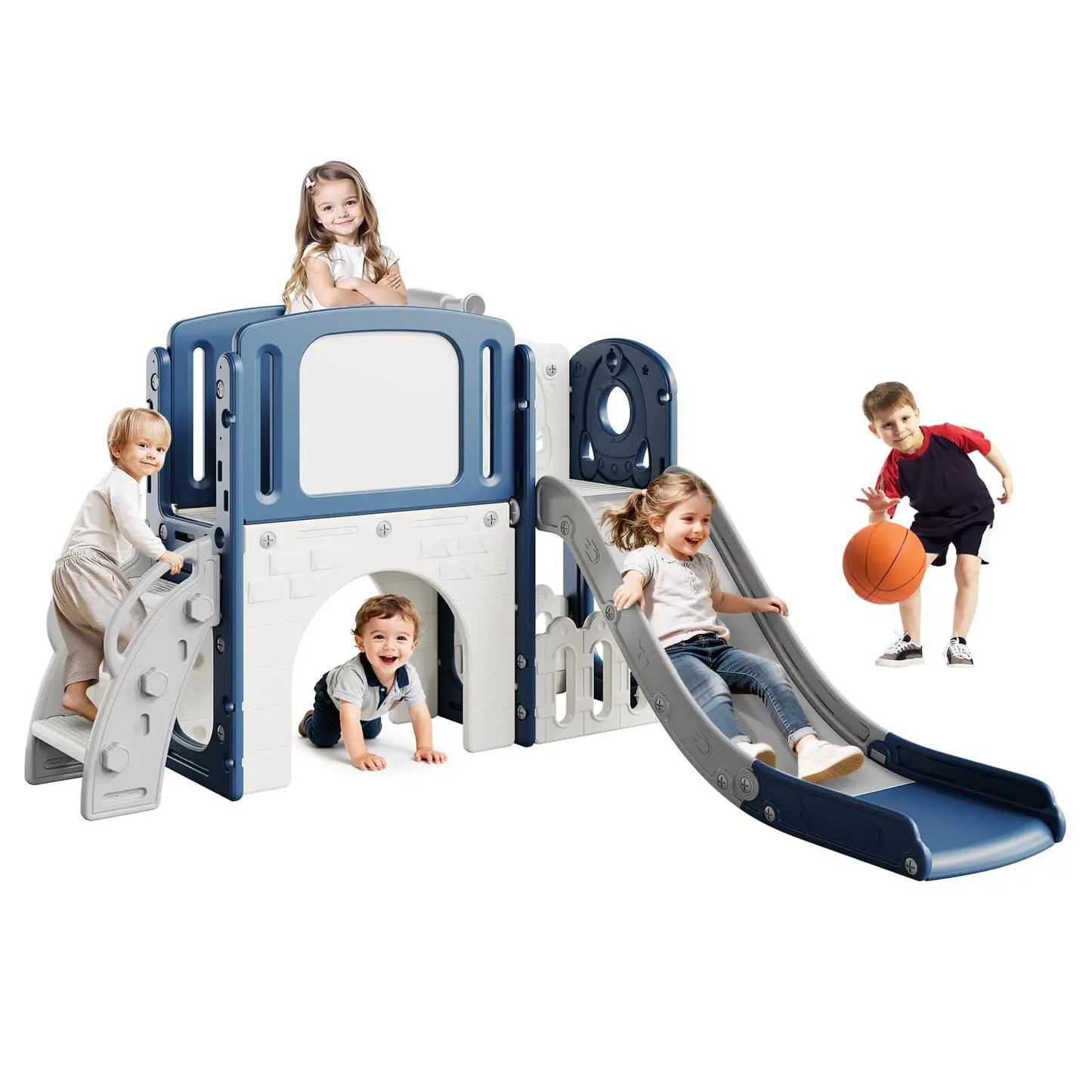8-in-1 Toddler Slide Climber Playset Indoor Outdoor Playground Activity Center With Basketball Hoop Tunnel Storage Backyard