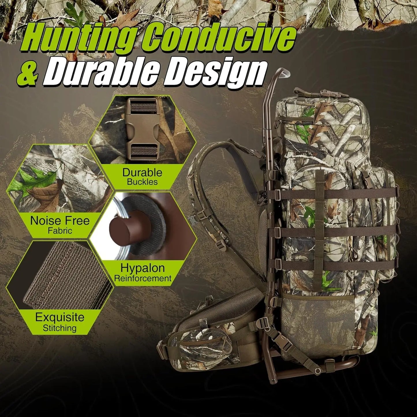 Hunting Backpack 5500cu with Frame and Rain Cover for Bow/Rifle/Pistol