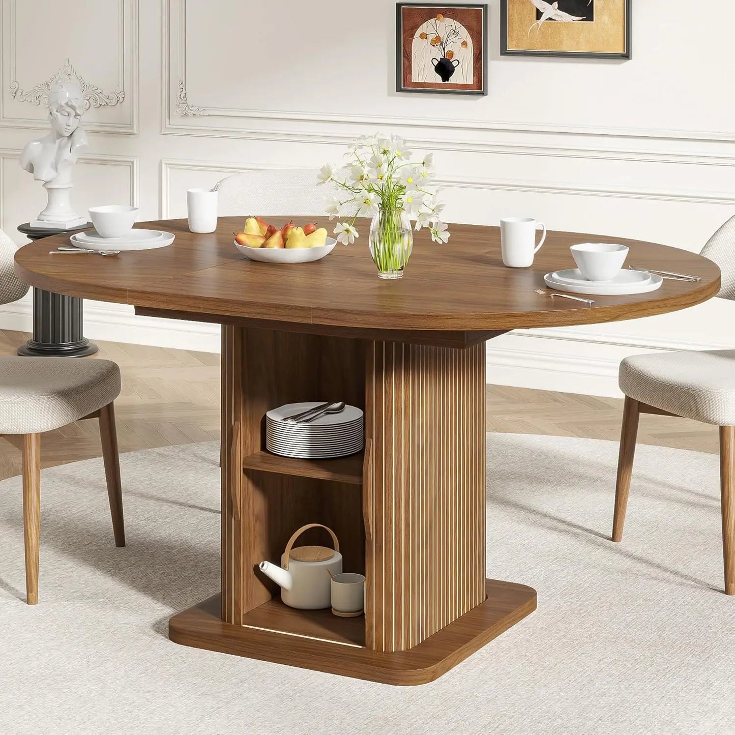 59 Inch Extendable Round Dining Table for 4-6-8 Dining Room Kitchen Table with Storage Fluted Wood Slide Door Customized