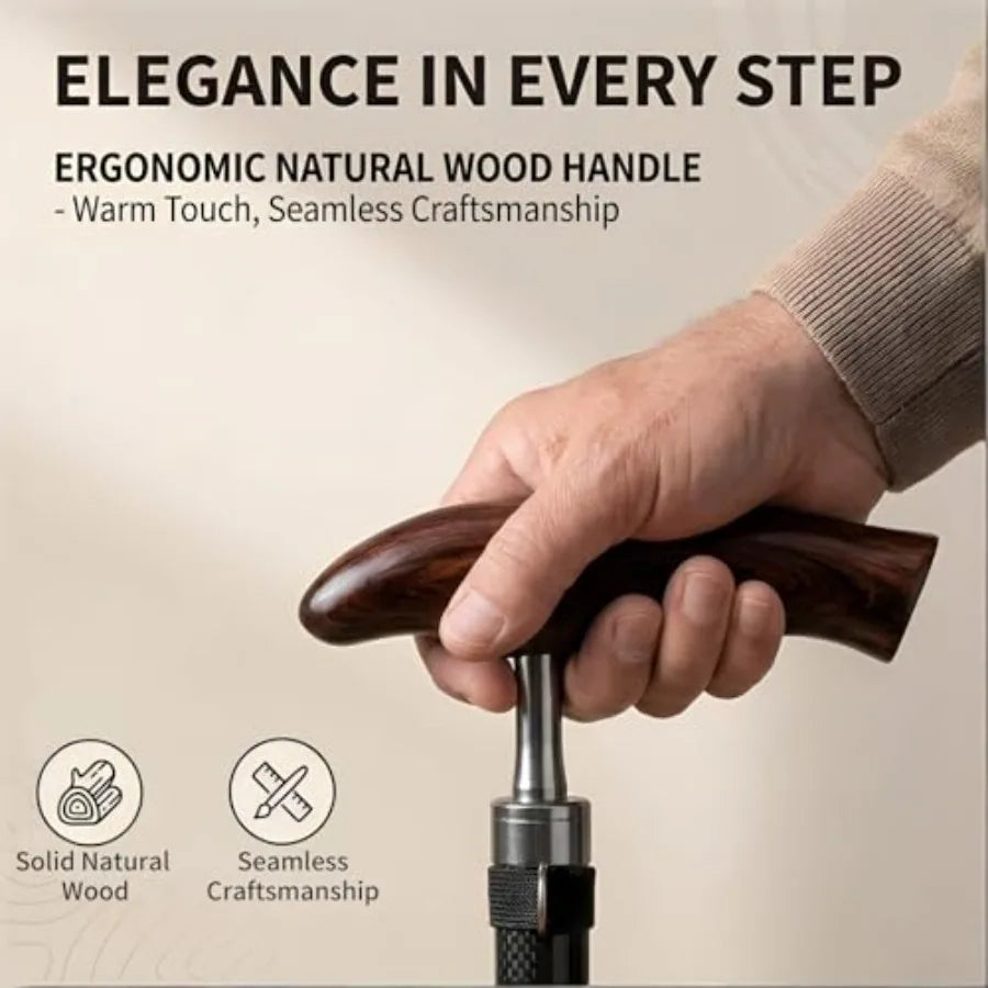 Carbon Fiber Cane for Men and Women Folding Walking Cane with Adjustable Height 31-35 inches 4-Prong Base Wenge Wood Handle Lig