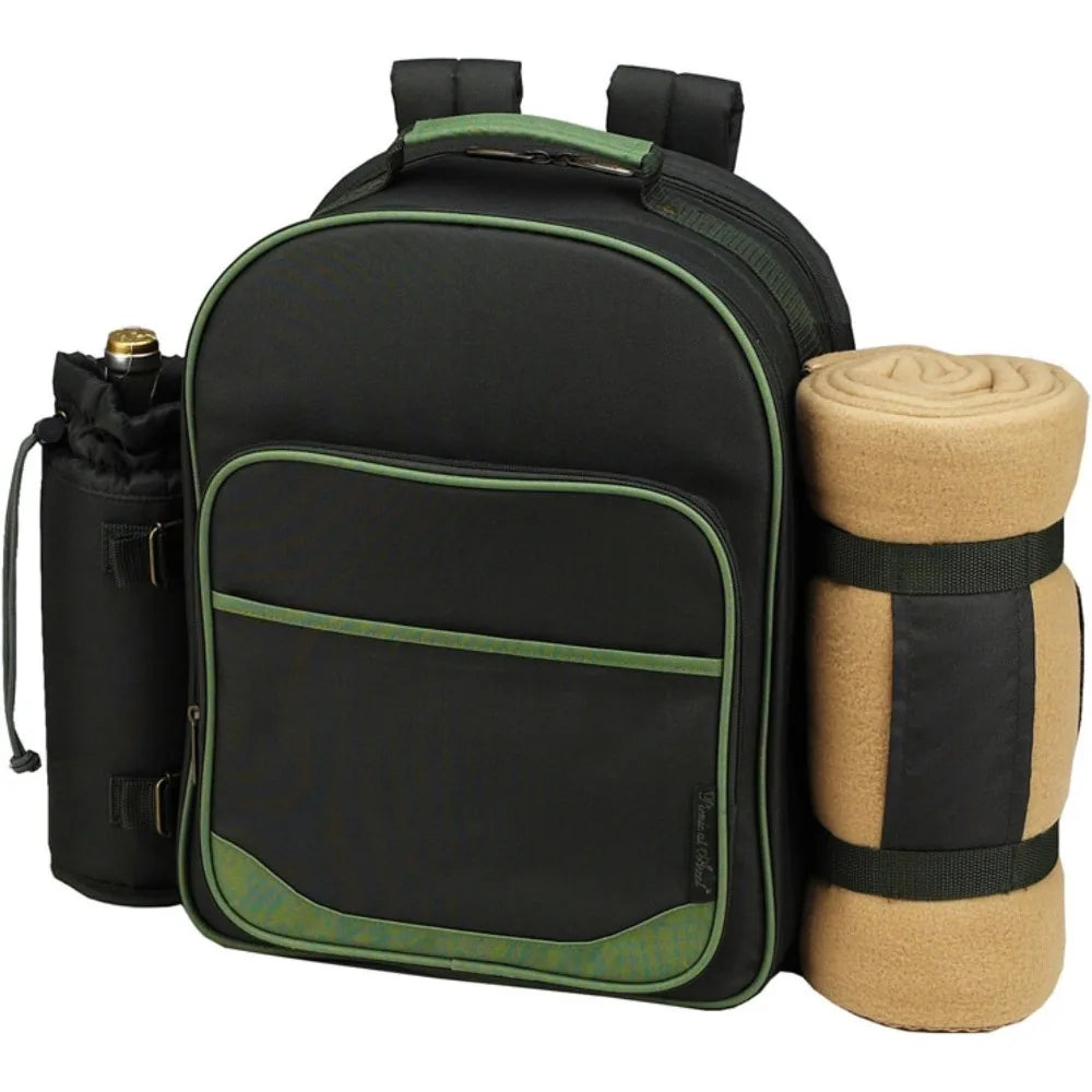 Eco-Friendly 4-Person Picnic Backpack with Insulated Cooler, Wine Holder, and Blanket in Forest Green