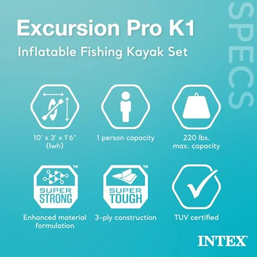 68303EP Excursion Pro K1 Inflatable Kayak Set: 86in SuperTough PVC Kayak with Deluxe Paddles High-Output Pump Adjustable Bucket
