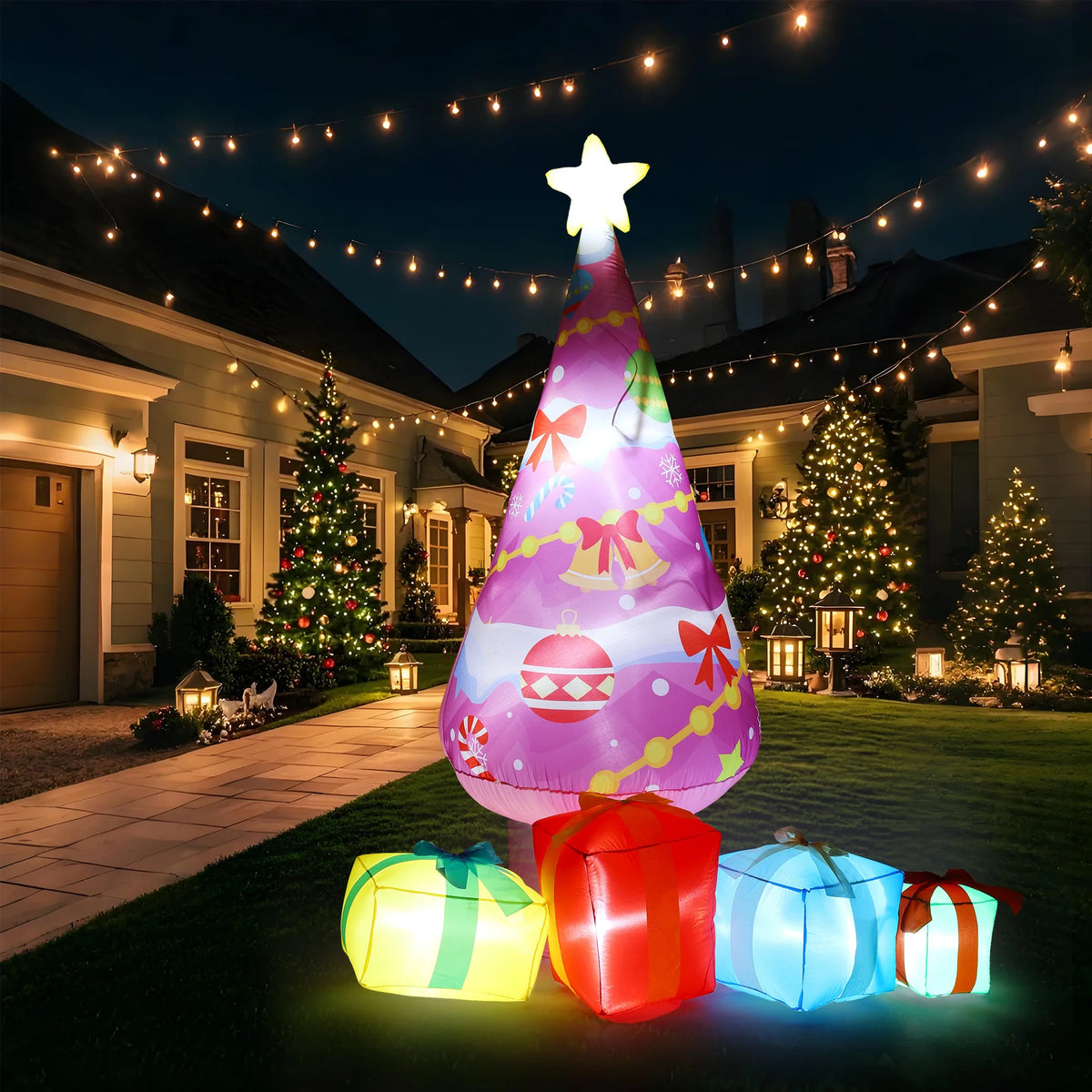 7.1ft Pink Christmas Tree Inflatable Outdoor Yard Decor With Led Lights And 4 Gift Boxes, Blow Up Holiday Decoration For Lawn Garden