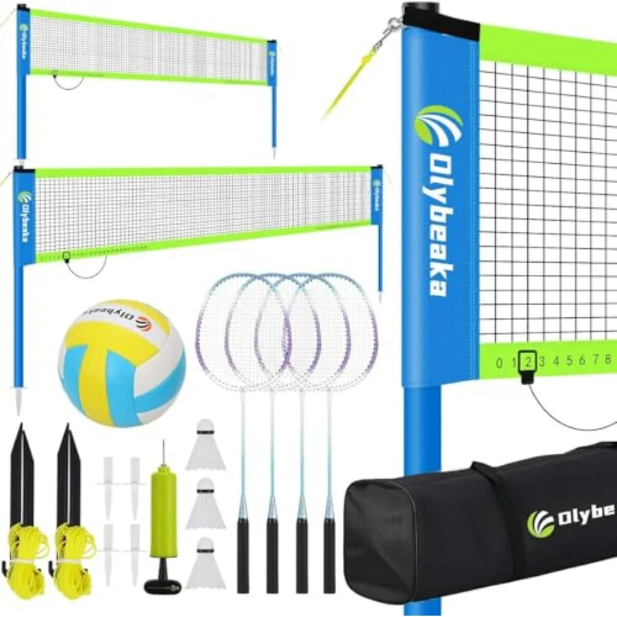 Portable Volleyball and Badminton Combo Net Set for Backyard Beach with 2 Nets 20ft and 32ft,Adjustable Poles, PU Volleyball, A