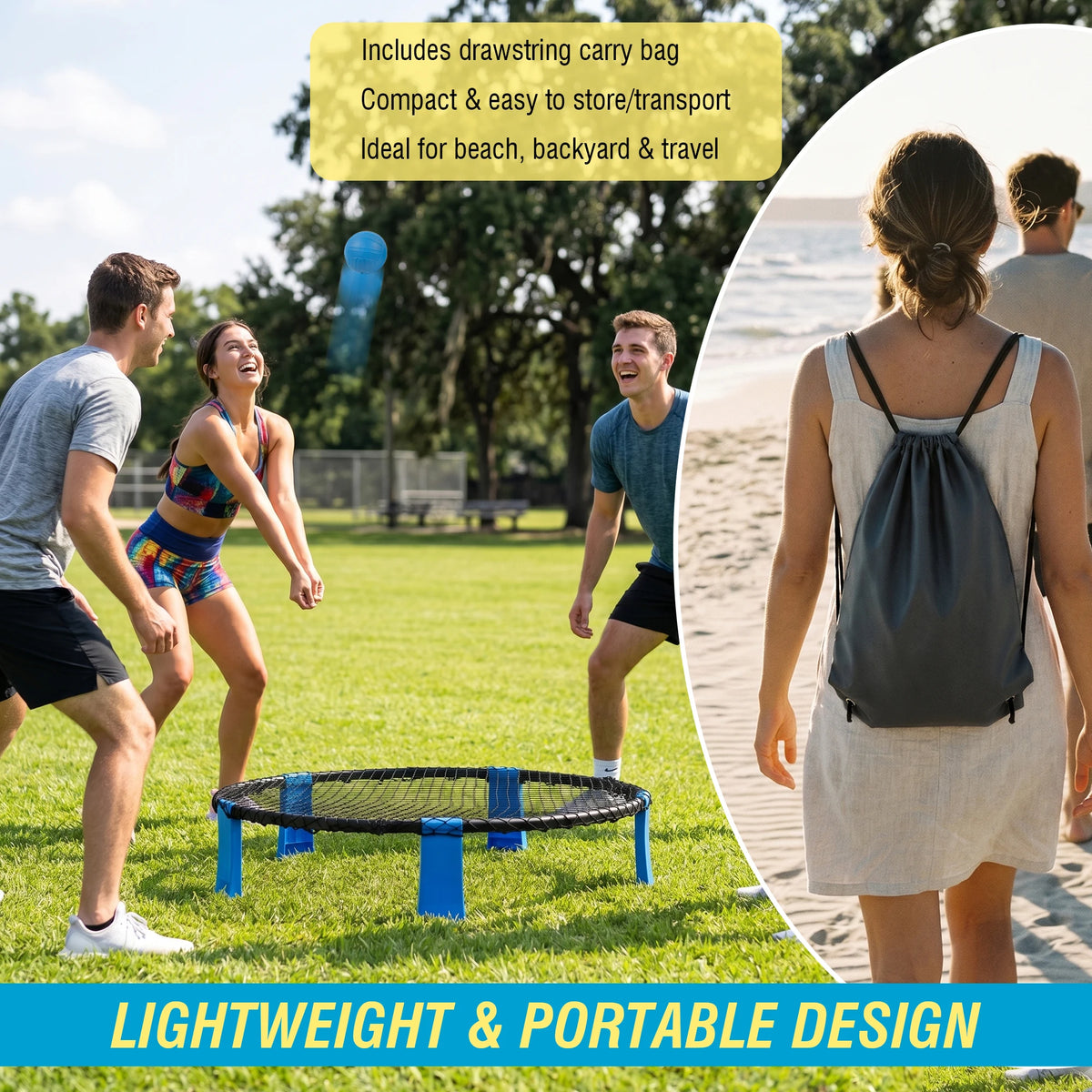 Portable Beach Ball Game with 2 Balls Outdoor Roundnet Game Set Sturdy Playing Net & Carry Bag, Classic Family Entertainment Game for Beach, Backyard, Lawn, Park, Camping and Gathering