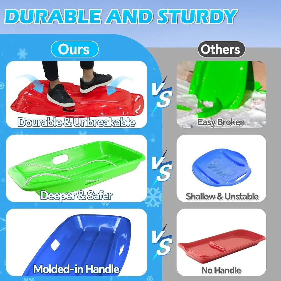 35 Heavy Duty Snow Sled for and Adults - Downhill Sprinter Toboggan with 2 Handles and Pull Ropes Red Winter Sledding Gift for