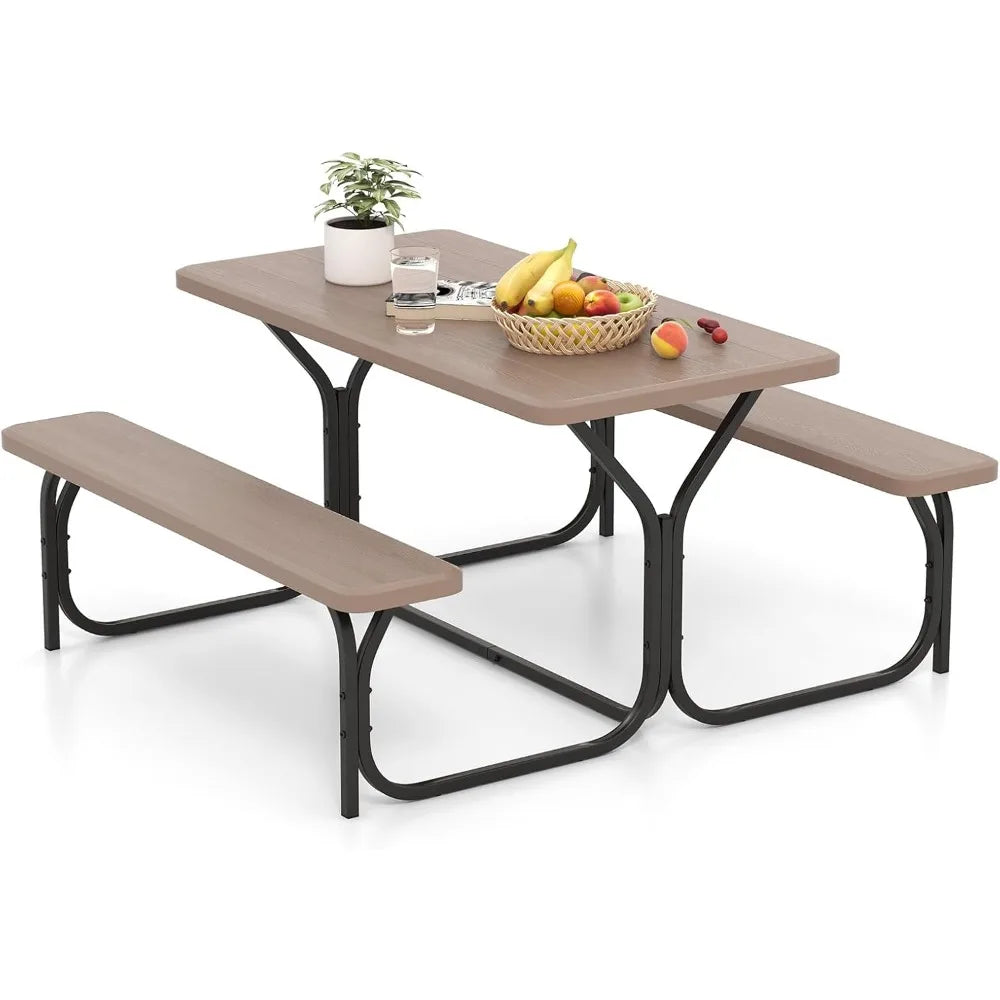 Picnic Table Bench Set Outdoor Camping All Weather Metal Base Wood-Like Texture Backyard Poolside Dining Party Garden