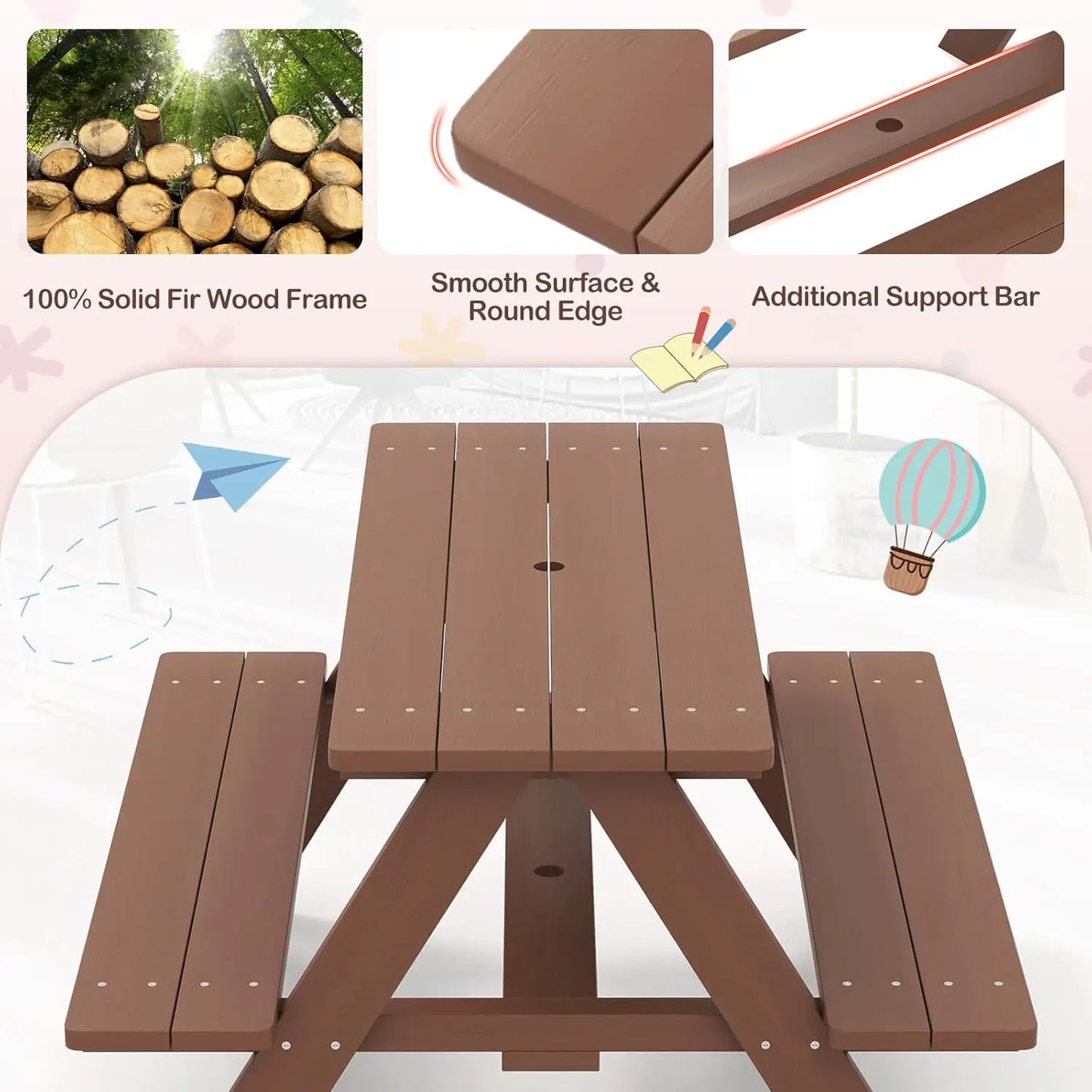 Wooden Kids Picnic Table & Bench Set with Umbrella Outdoor Patio Garden 214x107x48cm, Customized