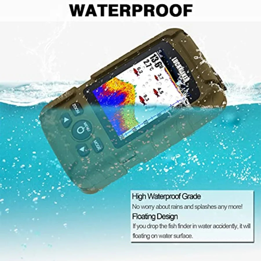 Kayak and ice fishing transducer: waterproof wireless handheld sonar depth finder with wired sensor, black ABS plastic housing,