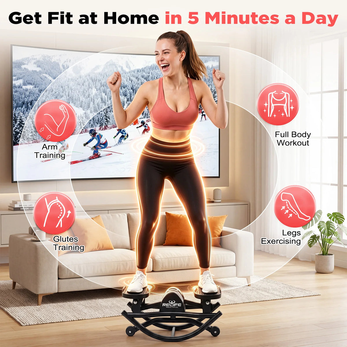 Relife 3D Lateral Rocking Stepper with Resistance Bands, Low-Impact Full-Body Workout Machine, 330LB Capacity Joint-Friendly Home Fitness Equipment with LCD Monitor, Compact Quiet Stepper for Hips, Legs & Core Training