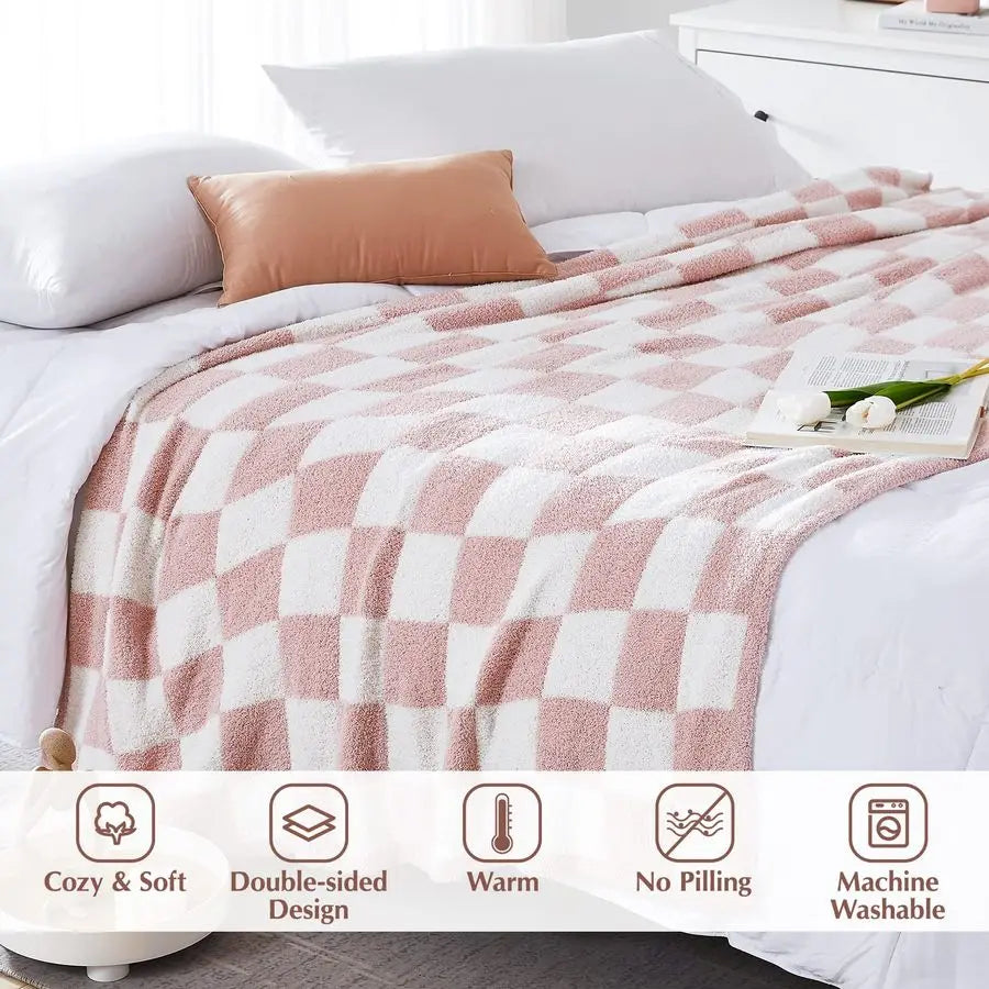 Checkered Throw Blanket, Pink Soft Cozy Fluffy Warm Hand Made Throw Blankets for Couch, Sofa, Chair, Bed, Camping, Picnic, Trave