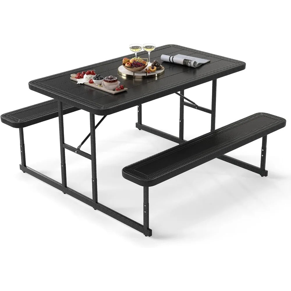 Picnic Table Bench Set for 4 People, 4.5FT Outdoor Rectangular Dining Table & 2 Benches w/Umbrella Hole, HDPE Tabletop