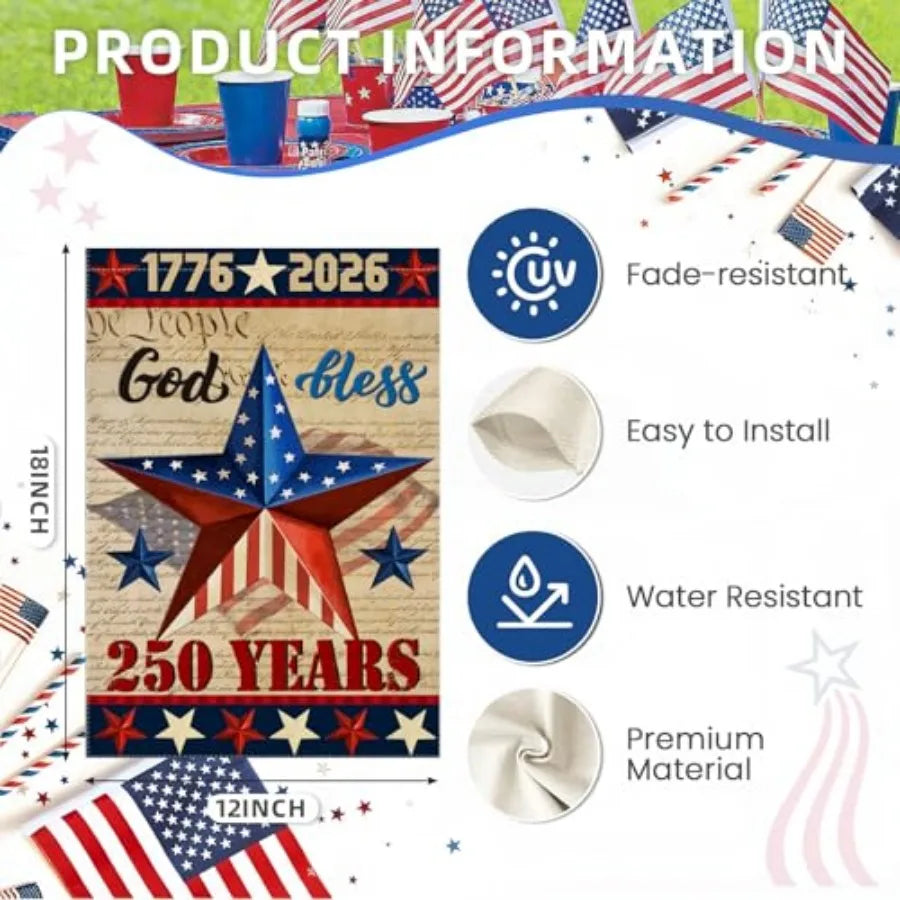250 Anniversary USA Garden Flags for Outside, 4th of July 250th Year America Banner, God Bless United States Double-Sided with