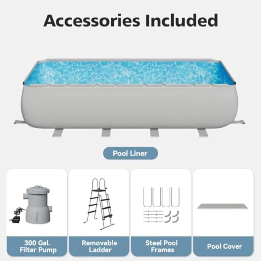Backyard rectangular above ground pool set, steel frame with gray PVC liner, 18' x 9' x 47, includes removable ladder and filte