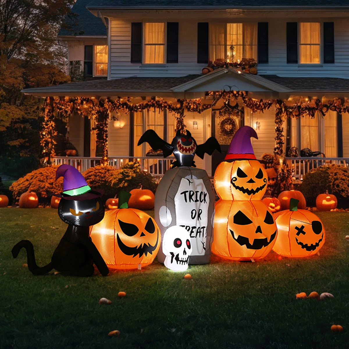 8ft Halloween Pumpkin Black Cat Tombstone Inflatable Yard Decor With Led Lights, Blow Up Outdoor Decoration For Lawn Garden Porch Party