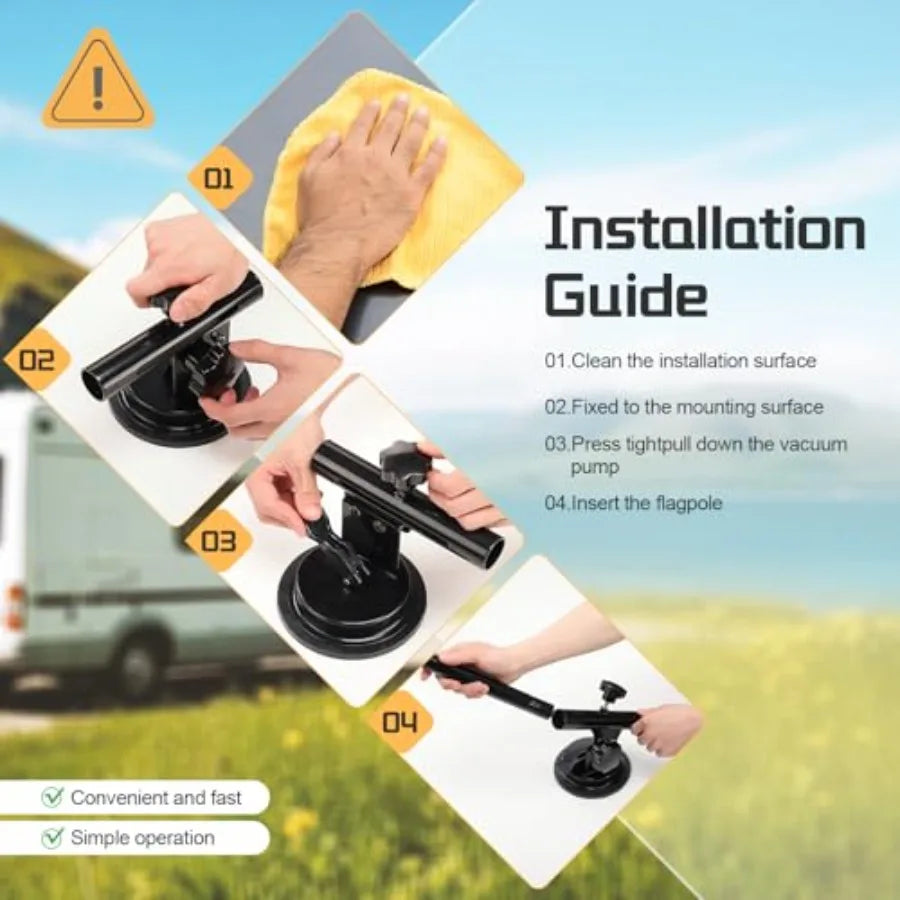 Flag Pole Kit with Suction Cup Holder - 6Feet Heavy Duty Flagpole, 400lbs Suction Secure Mount with 0-90 °Adjustable Angle - No