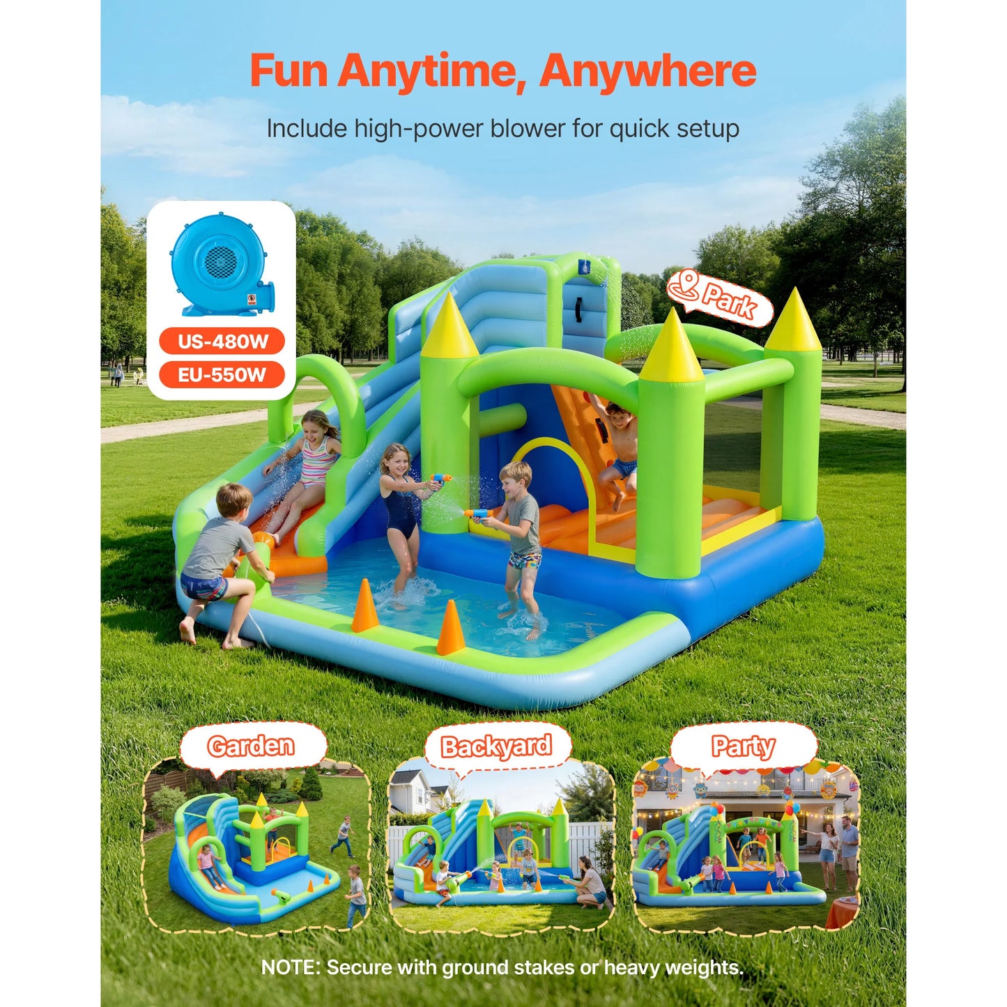 SucceBuy Inflatable Bounce House 11.3 x 12.3 x 7.0 ft Inflatable Bounce House Water Slide Bouncer Castle with Castle Bounces