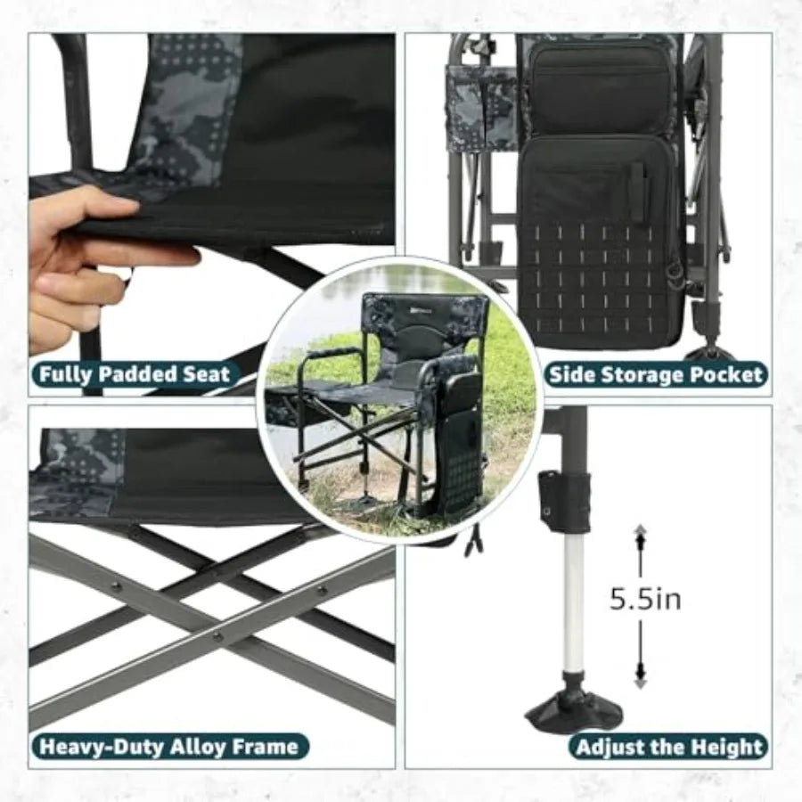 Outdoor fishing chair with rod holder, folding ice fishing chair for adults, aluminum frame, black, adjustable legs, includes c