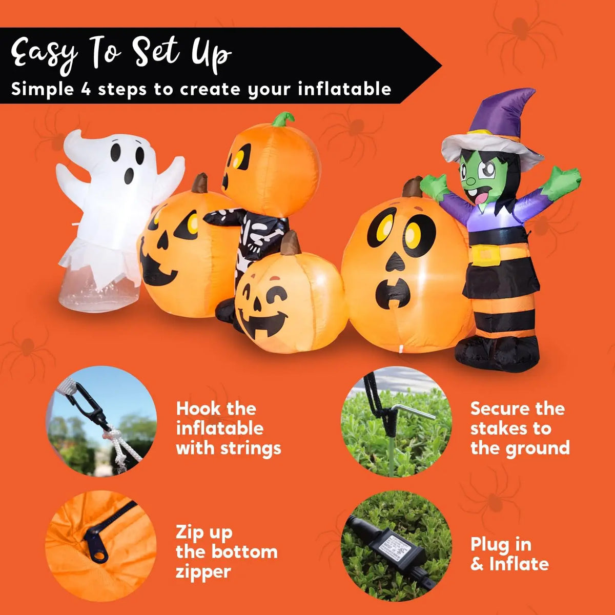 8 ft Long Halloween Inflatable Three Characters and Pumpkin Patch Outdoor Decoration Inflatable Witch Ghost Skeleton Yard for Halloween Gift