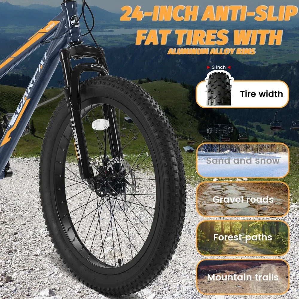 24 Inch Fat Tire Bike Adult/Youth Full Shimano 7 Speeds Mountain Bike, Dual Disc Brake, High-Carbon Steel Frame, Front Suspension, Mountain Trail Bike, Urban Commuter City Bicycle