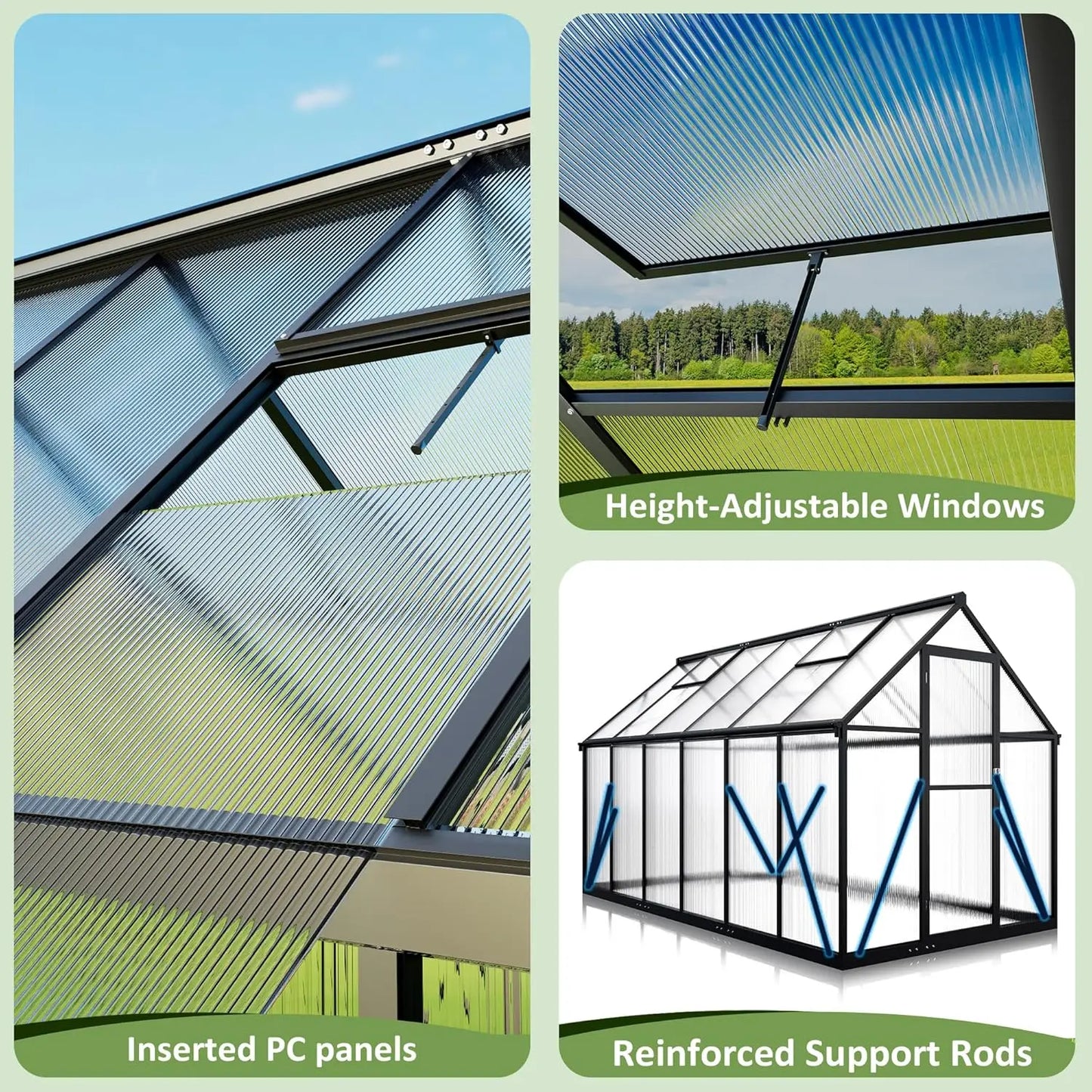 6x10.86FT Polycarbonate Greenhouse with Roof Vent Large Heavy Duty Aluminum Walk-in for Outdoor Garden Backyard, Custom