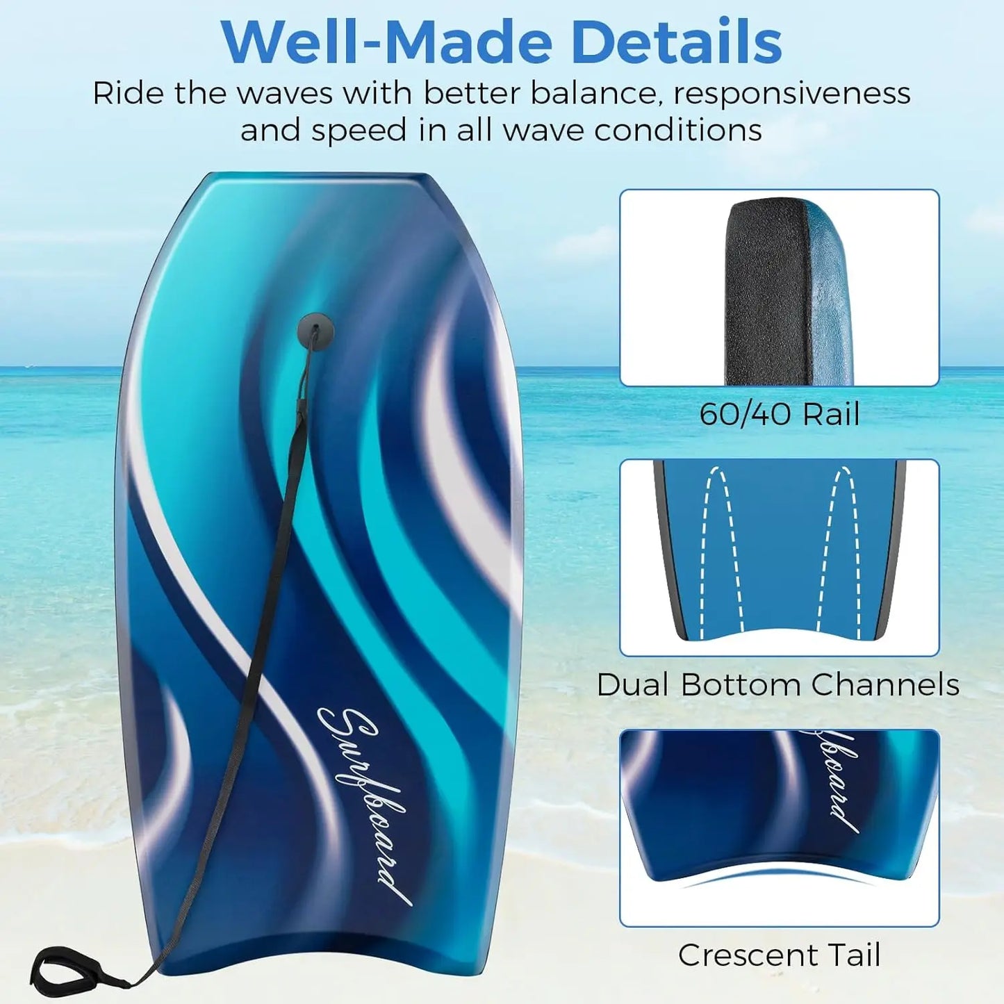 41''/37''/33'' Lightweight Body Board for Beach, Surf Board with EPS Core, XPE Deck, HDPE Slick